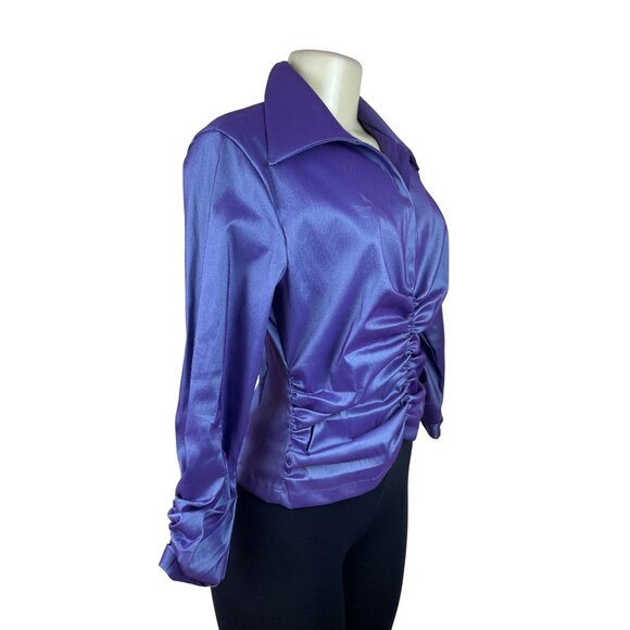 Tadashi Womens Purple Ruched Satin Long-Sleeve Blouse Top Zip Back Sz 10 - Picture 2 of 8